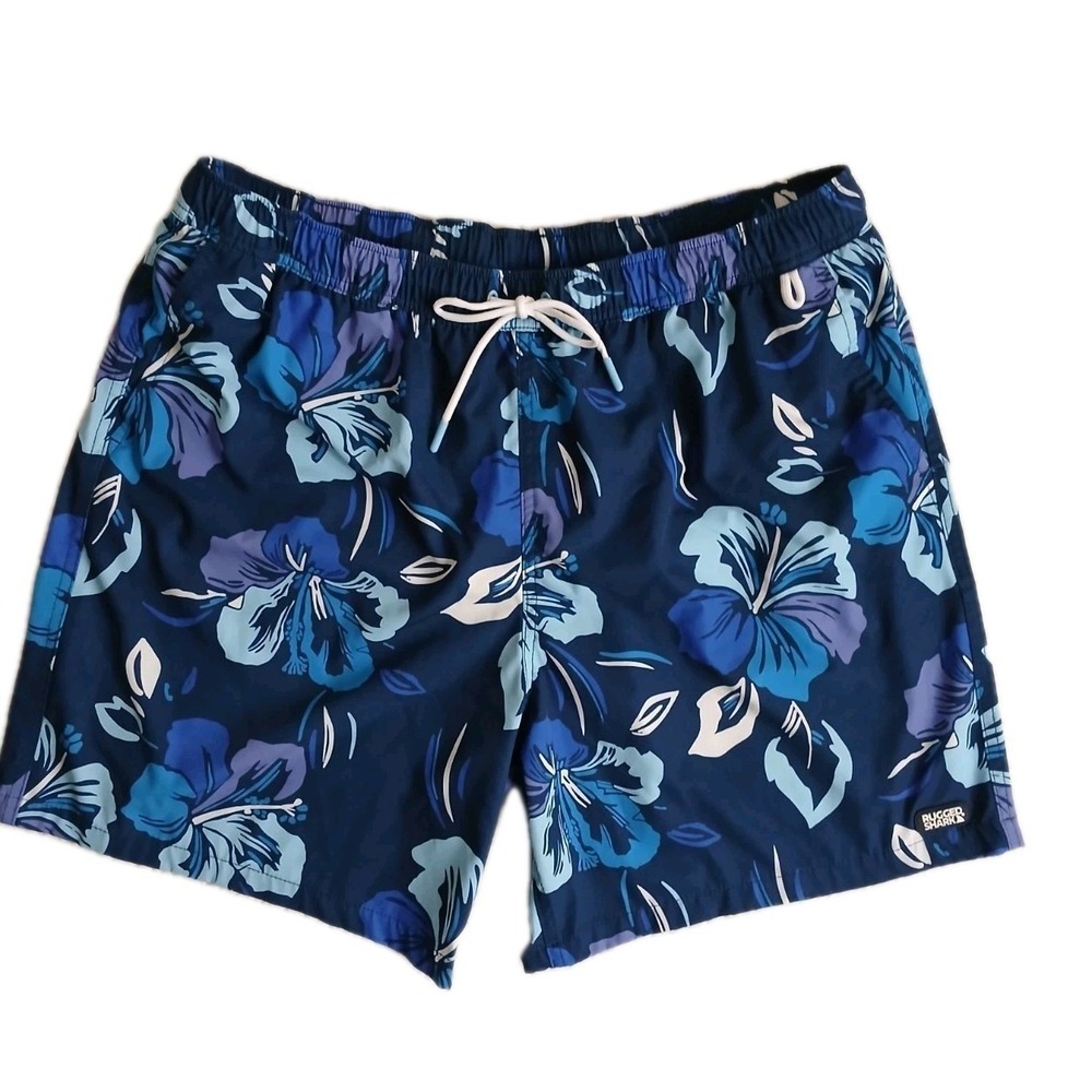 Rugged Shark Men's Swim Trunks Shorts XL Blue Tropical Floral Sun UPF 50+ Hawaii